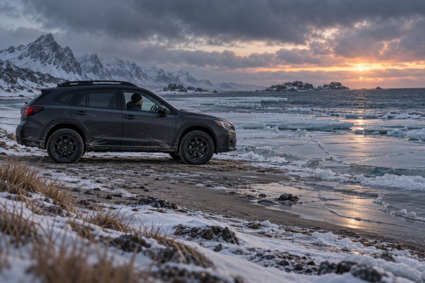 A dark Subaru crossover driving along a snowy frozen beach with icy water and mountains during sunset
