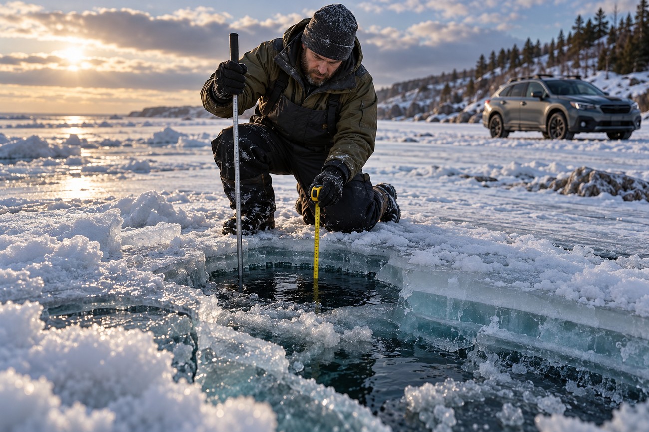 A man in winter gear measuring the ice thickness on a frozen beach with a Subaru parked in the background