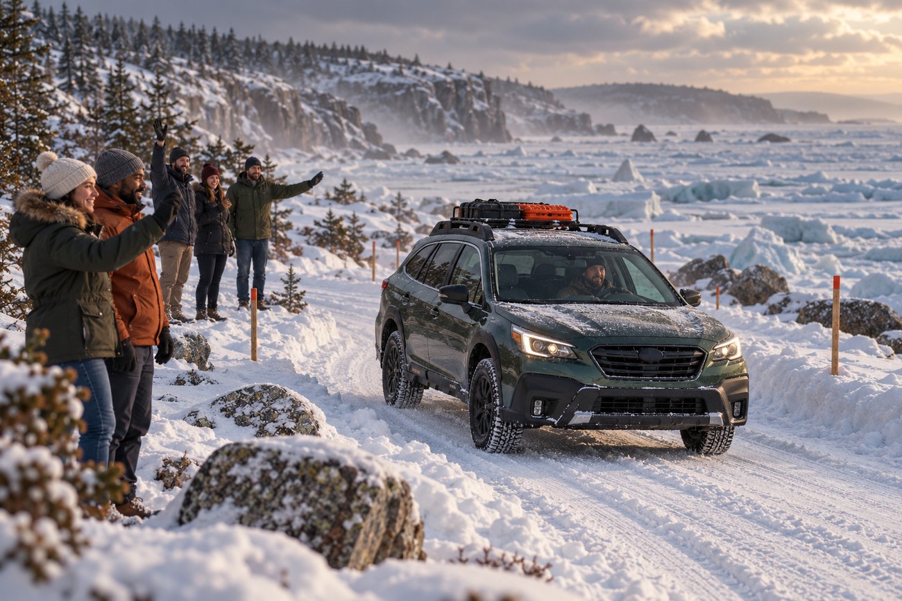 Green Subaru SUV driving on a snowy frozen beach past a group of cheering people