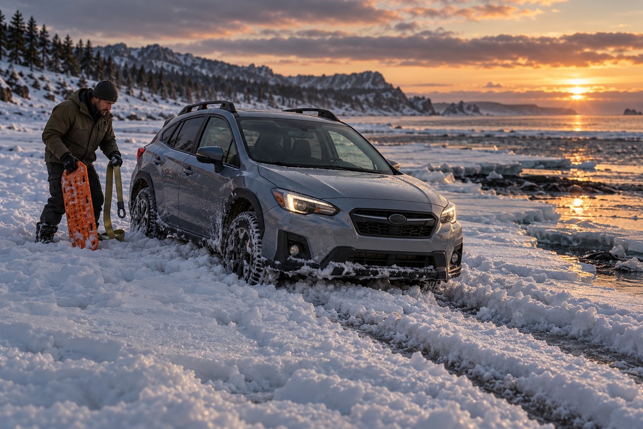 A man in winter clothing sets up recovery tracks near a grey Subaru stuck in snow on a frozen coastal beach at sunset
