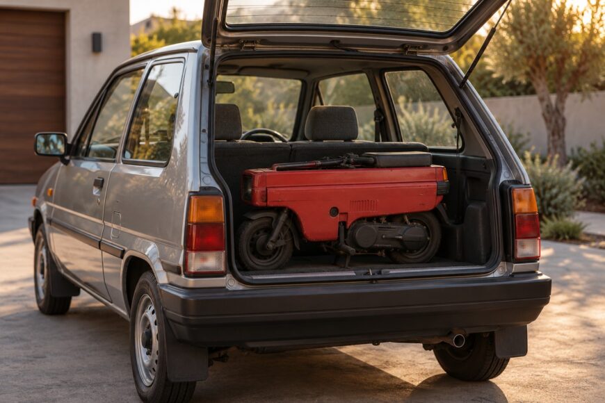 A folded red Honda Motocompo scooter packed neatly inside the open trunk of a silver Honda City hatchback parked outdoors