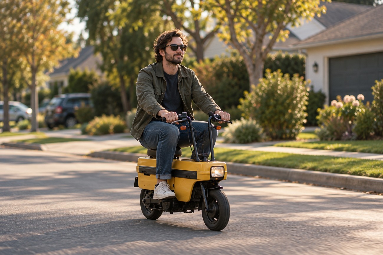 A man in sunglasses riding a compact yellow Honda Motocompo scooter along a residential street