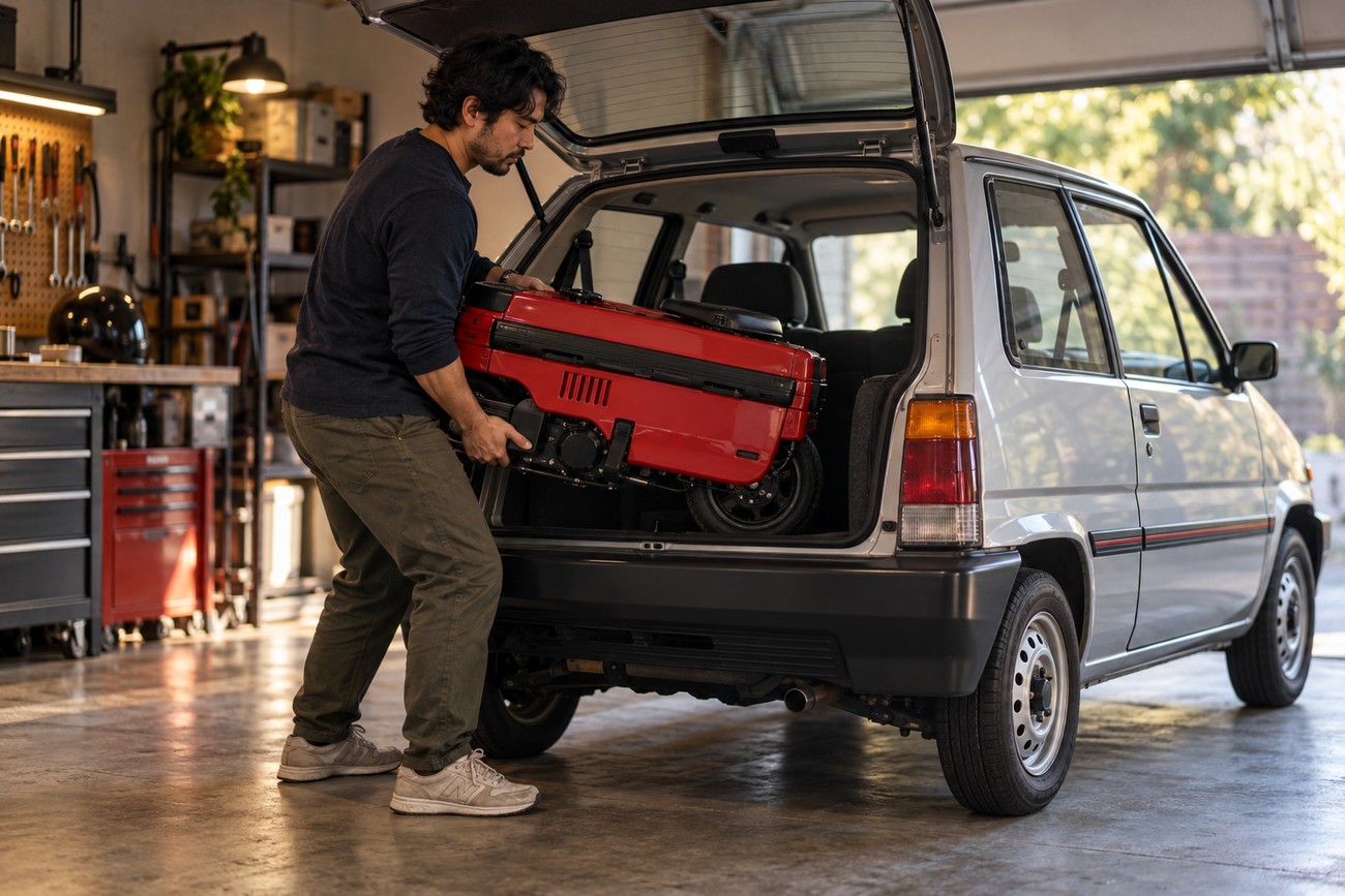 A man loading a folded red Honda Motocompo scooter into the open trunk of a silver hatchback car inside a garage