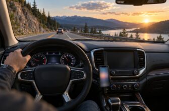 Driver's perspective inside a car showing a phone securely mounted on the lower dashboard without blocking the windshield view