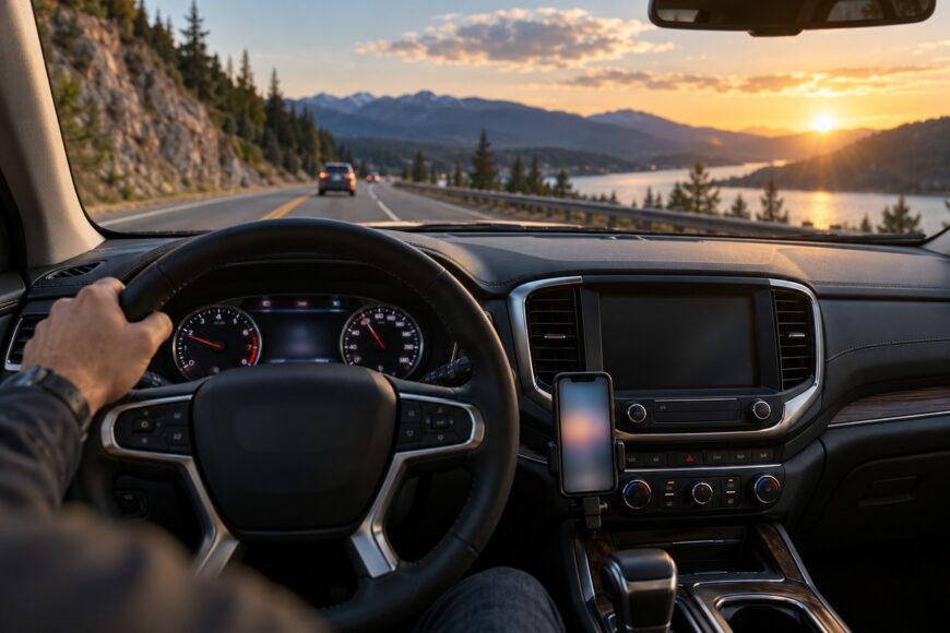 Driver's perspective inside a car showing a phone securely mounted on the lower dashboard without blocking the windshield view