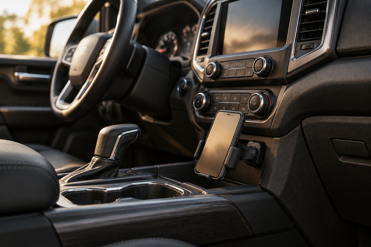 A modern smartphone securely attached to a low-profile mount on the car center console below the dashboard level