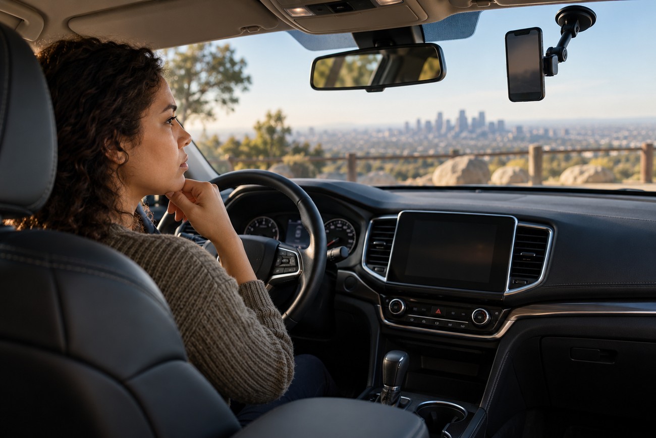 A woman sitting in the driver seat of a car with a phone mount properly installed on the windshield without blocking her view of the road
