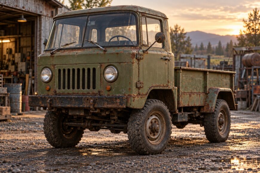 Vintage green Jeep FC-170 cab-over pickup truck parked on gravel near a rustic garage at sunset