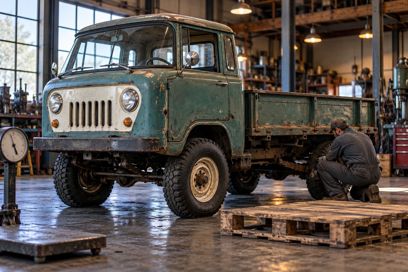Mechanic working on the rear tire of a vintage green Jeep FC-170 cab-over pickup truck inside a workshop