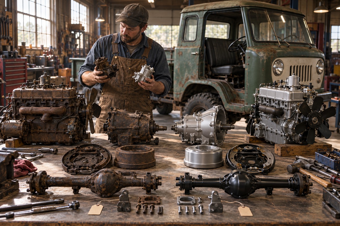 Mechanic holding vintage engine parts at a workbench with old and restored Jeep FC-170 components
