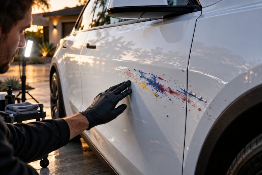 A technician wearing black gloves inspecting colorful paint stains on the white door of a Tesla Model Y
