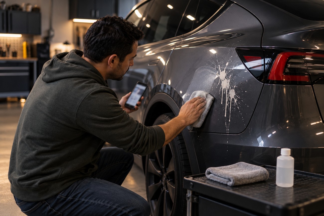 A man in a garage uses a microfiber towel to wipe a white paint spill off the rear side panel of a dark Tesla Model Y