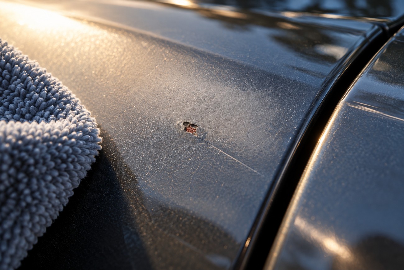 Close-up view of paint damage and a chip on the dark body panel of a Tesla Model Y next to a microfiber cloth