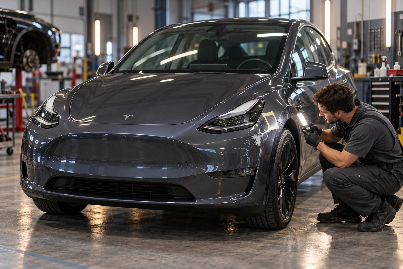 Mechanic inspecting paint spill damage on the front fender of a dark gray Tesla Model Y with a work light