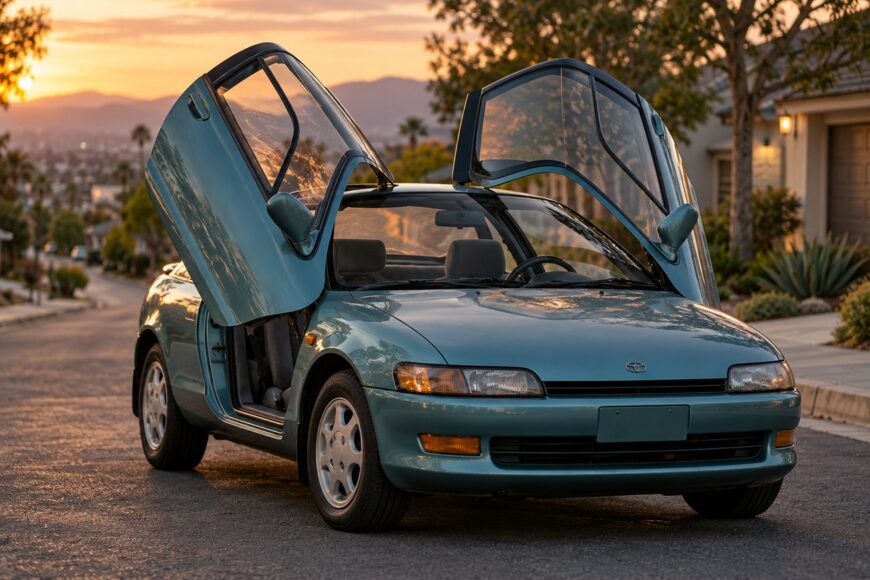 Teal Toyota Sera parked on a residential street with both butterfly doors opened upward at sunset