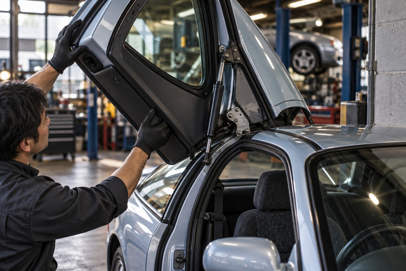 Mechanic wearing black gloves lifting and inspecting the butterfly door of a light blue Toyota Sera inside a garage