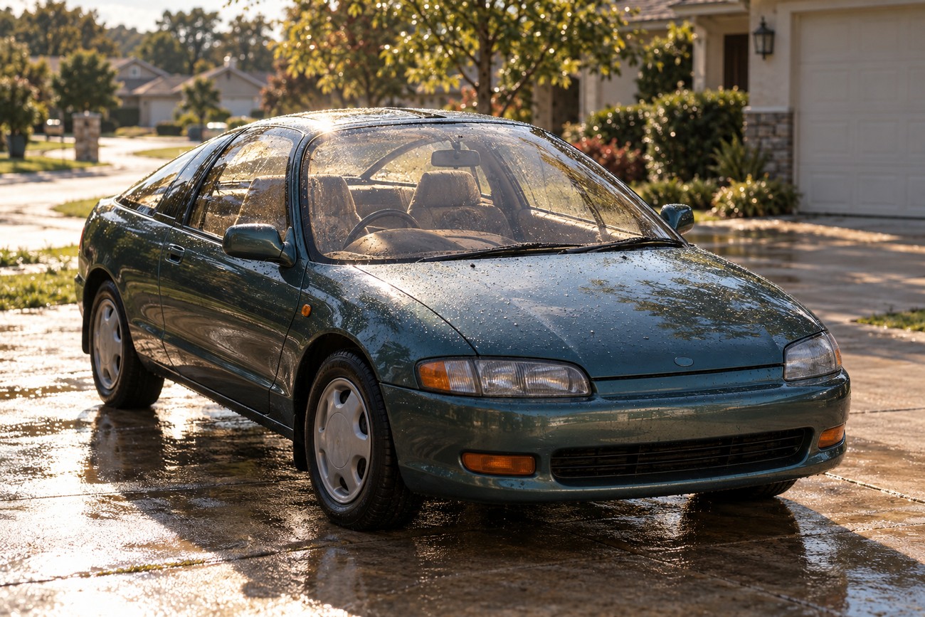 A wet dark green Toyota Sera parked in a sunny residential driveway