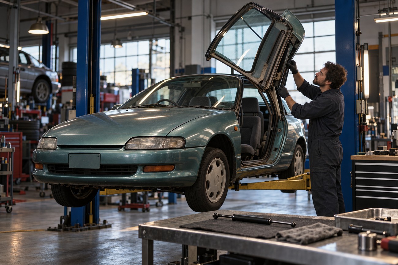 Mechanic in overalls inspecting the open butterfly door of a teal Toyota Sera lifted on a hydraulic hoist in a garage