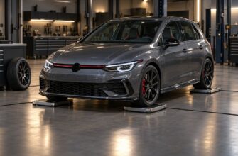 Grey performance hatchback parked on electronic corner weight scales inside a professional tuning garage