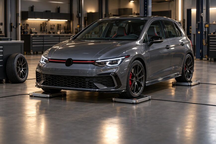 Grey performance hatchback parked on electronic corner weight scales inside a professional tuning garage