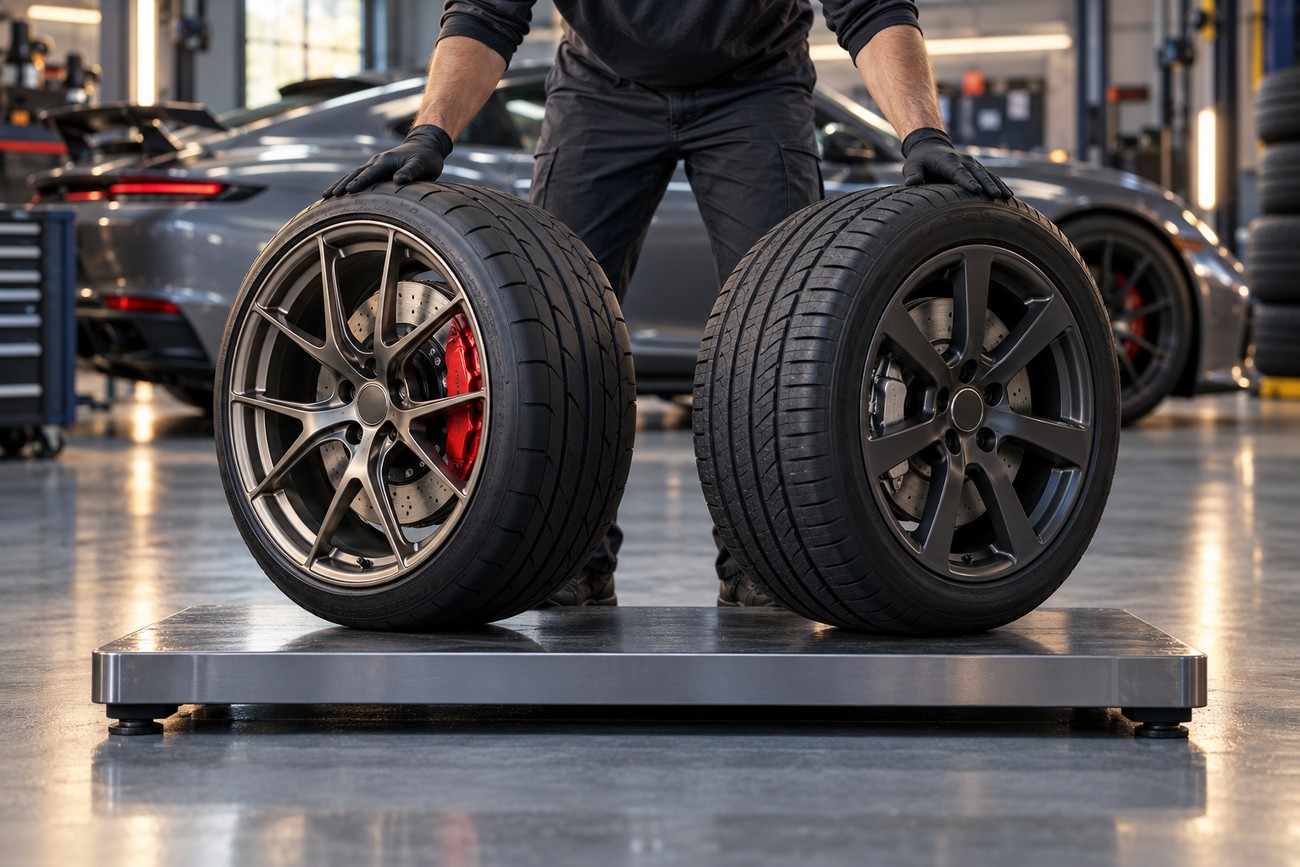 A mechanic in a workshop places car wheels on a platform scale to measure weight reduction