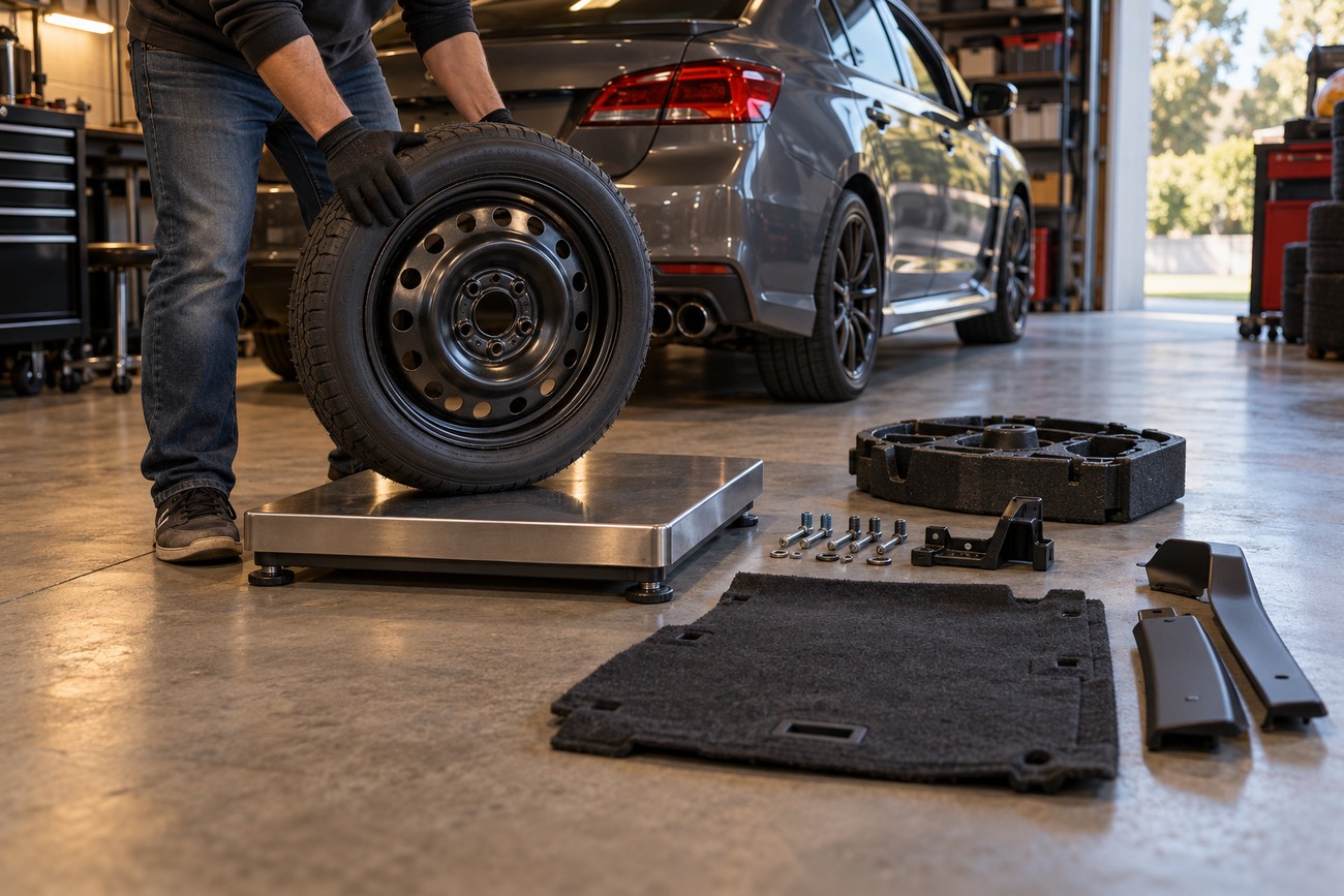 Mechanic wearing gloves places a spare car wheel onto a digital scale in a garage with removed interior parts nearby
