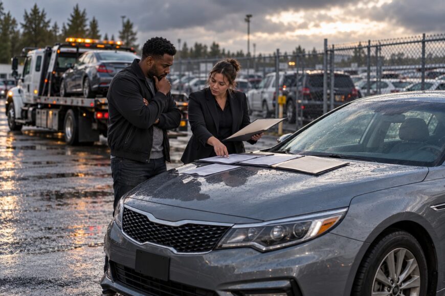 A woman pointing at documents on the hood of a gray Kia Optima while a concerned owner looks on near a tow truck