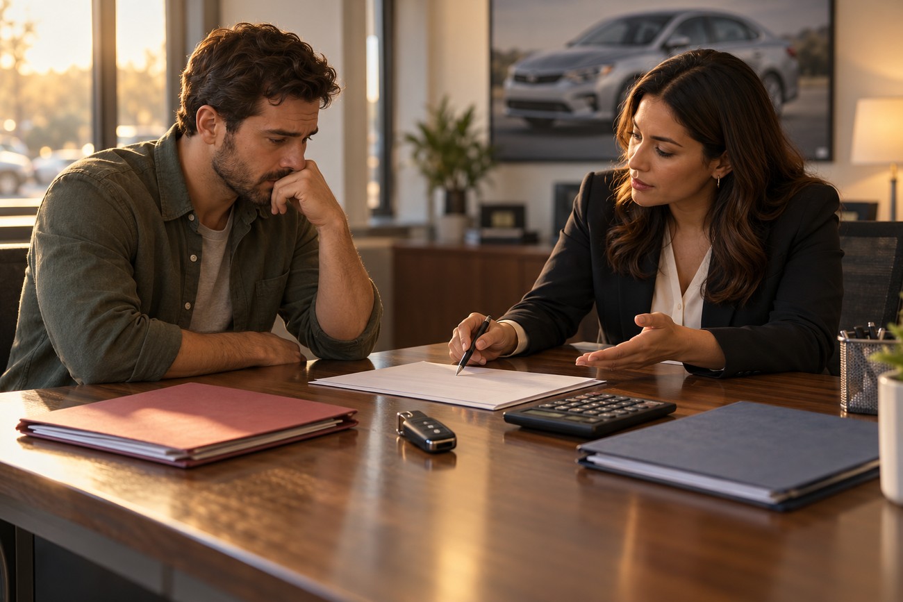 Stressed man sitting at a wooden desk while a professional woman explains financial documents regarding his repossessed Kia Optima