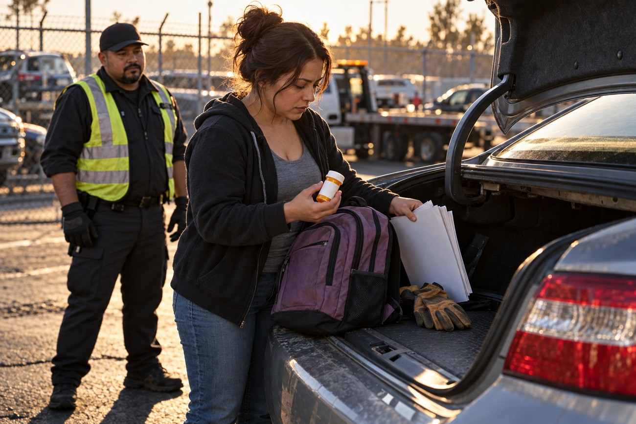 A woman in a parking lot collects documents and personal items from the open trunk of her repossessed Kia Optima while a repo agent watches
