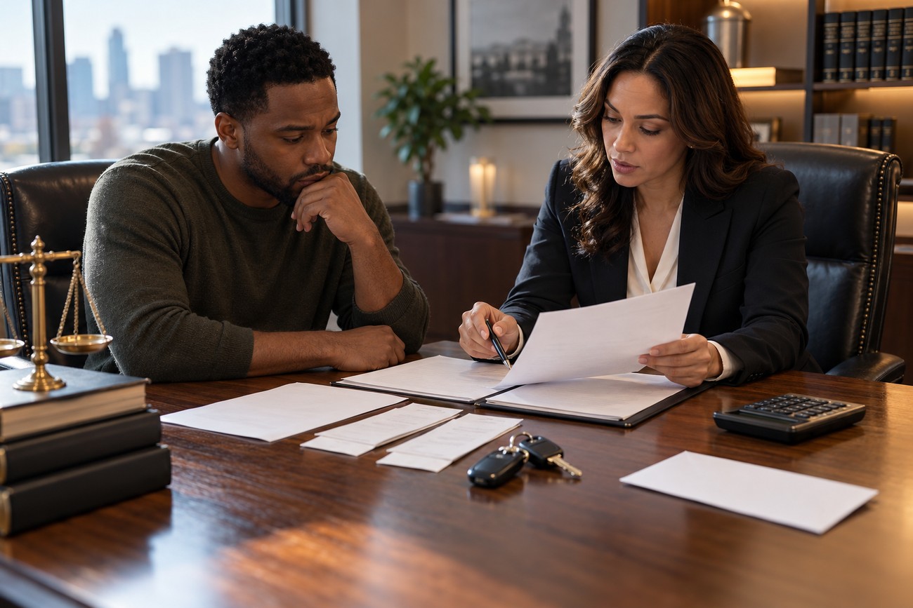 A concerned man sitting at a desk with a professional woman reviewing car repossession documents and keys