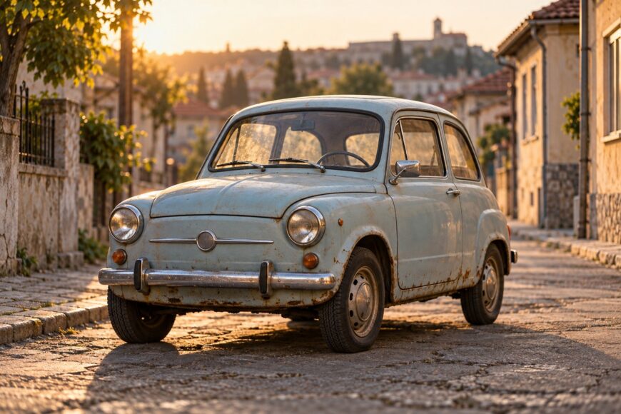 Vintage light blue Zastava 750 Fico parked on a narrow cobblestone street in an old European town at sunset