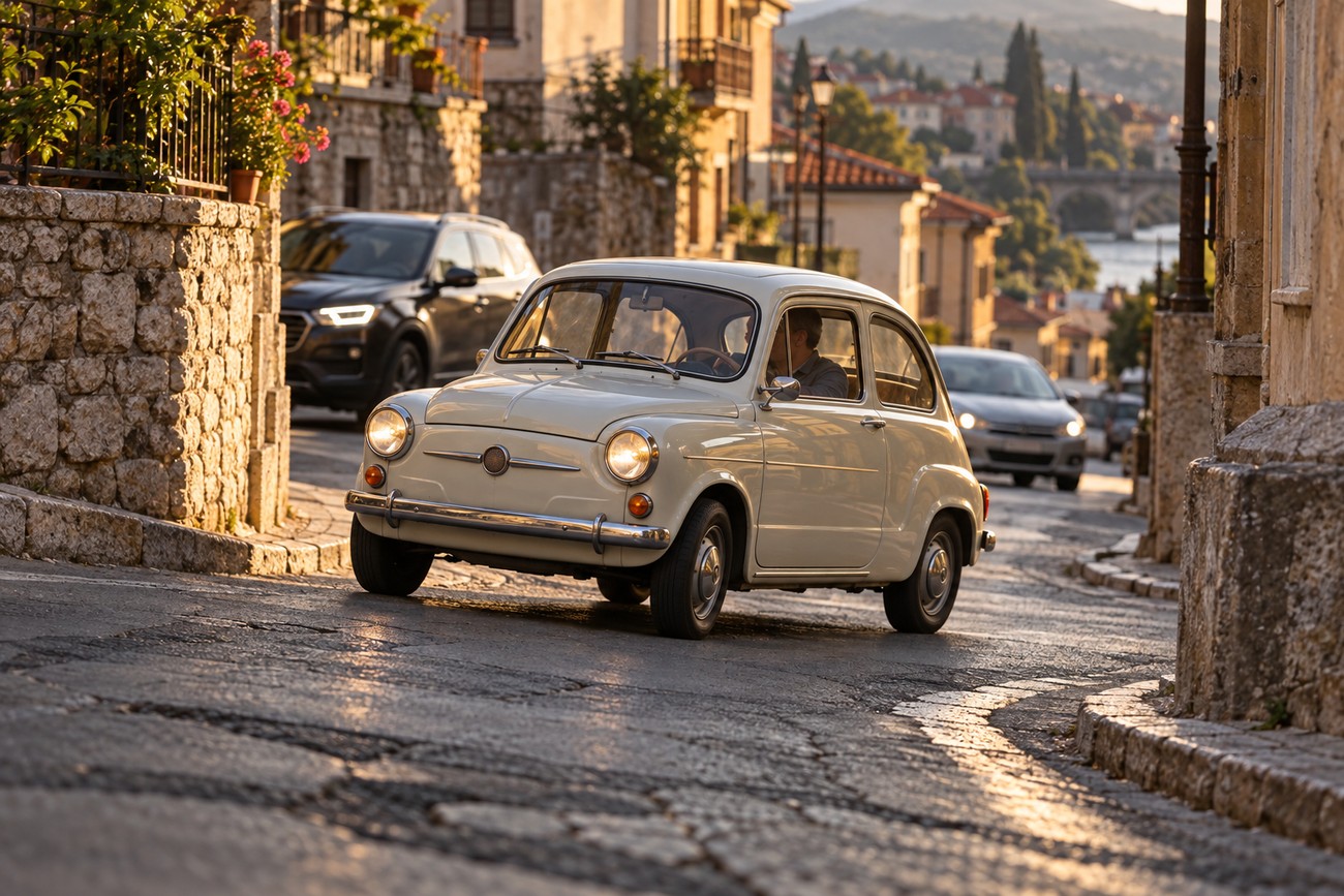 Classic white Zastava 750 Fico driving down a historic stone paved street in a Mediterranean town at sunset