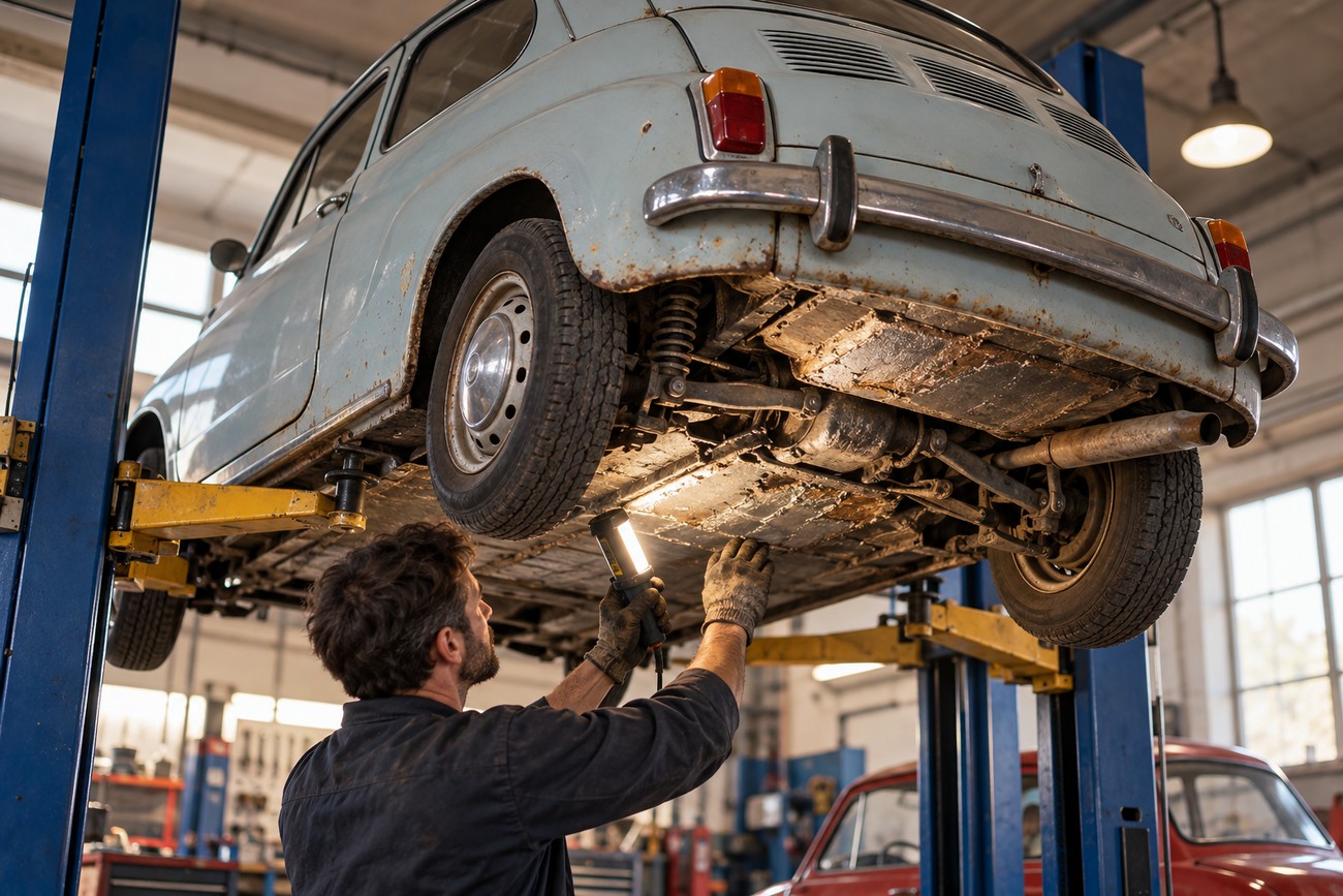 A mechanic in a workshop uses a work light to inspect the rusty underbody of a light blue Zastava 750 Fico lifted on a hydraulic car lift