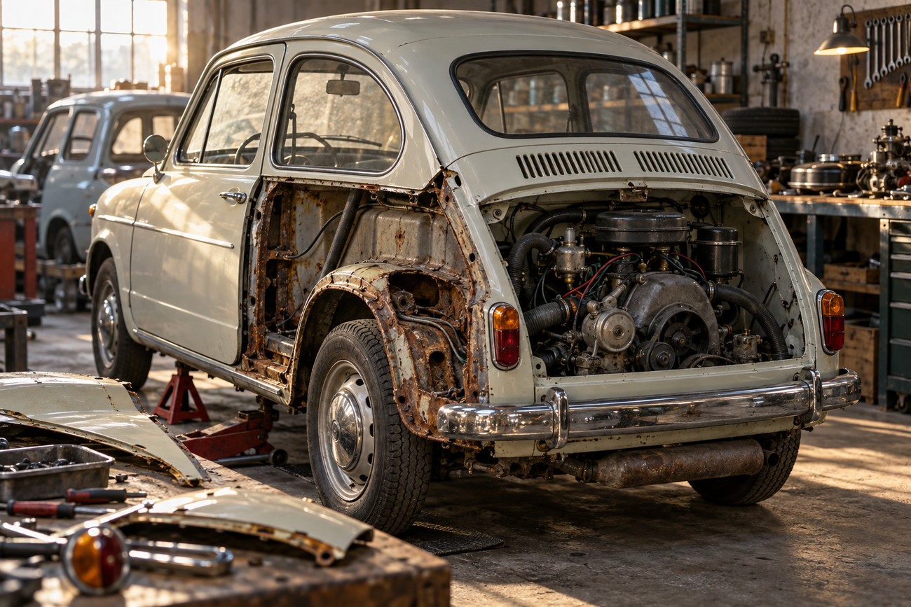 A beige Zastava 750 Fico undergoing restoration with an exposed rear engine inside a vintage garage
