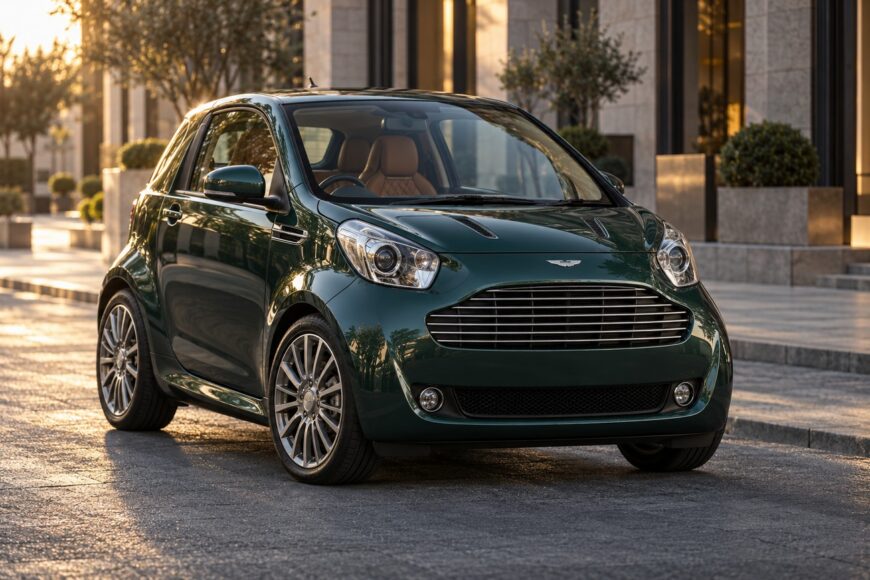 Dark green Aston Martin Cygnet luxury city car parked on a European street at sunset