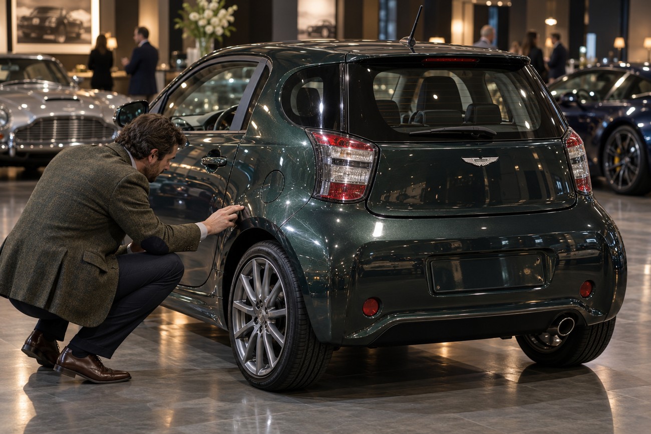 Man crouching and inspecting the dark green exterior of an Aston Martin Cygnet in a showroom