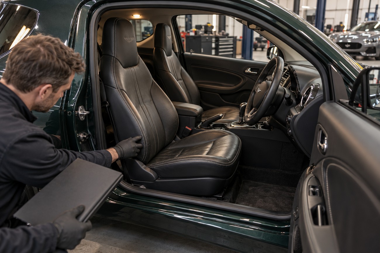 A mechanic in gloves inspecting the premium black leather interior and seats of an Aston Martin Cygnet inside a service garage