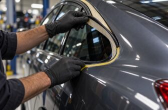 Technician in black gloves applying masking tape around a car window trim in an auto repair shop