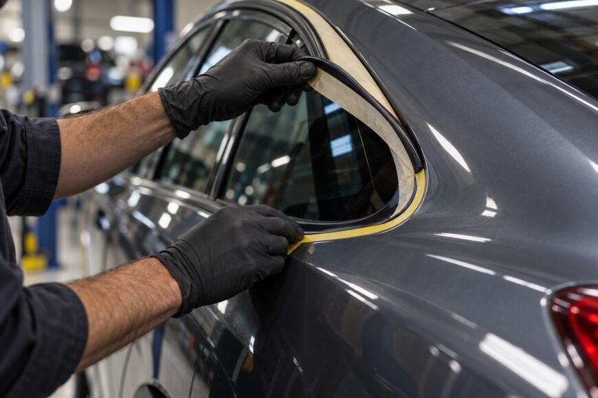 Technician in black gloves applying masking tape around a car window trim in an auto repair shop