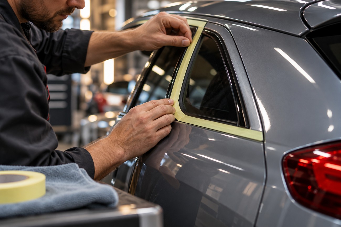 A mechanic applying yellow masking tape around the side window and trim of a gray car in a workshop