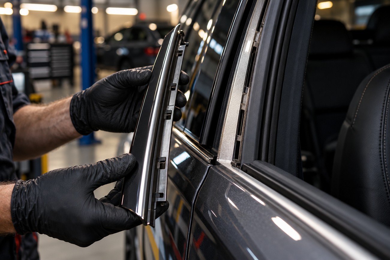 A technician in black gloves holding a removed car window trim piece next to a vehicle door in a workshop