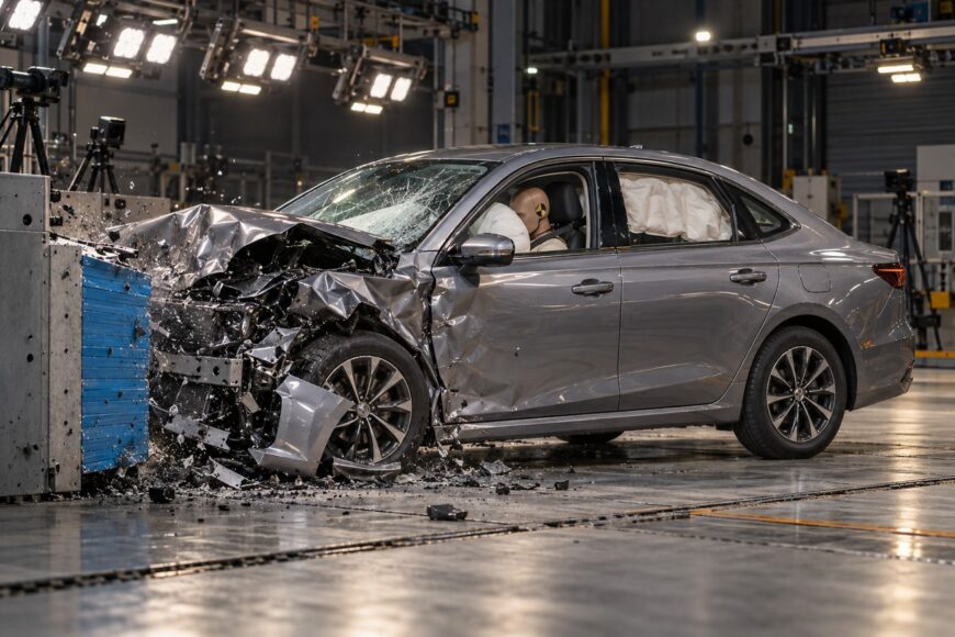 A silver sedan undergoing a frontal crash test in a laboratory with deployed airbags and severe front-end damage