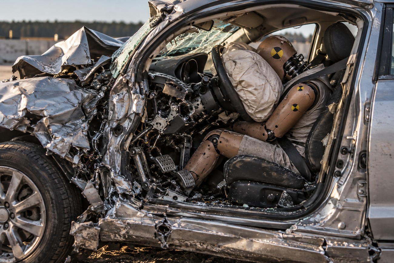 A heavily damaged silver sedan with a deployed airbag and a crash test dummy inside the wrecked cabin