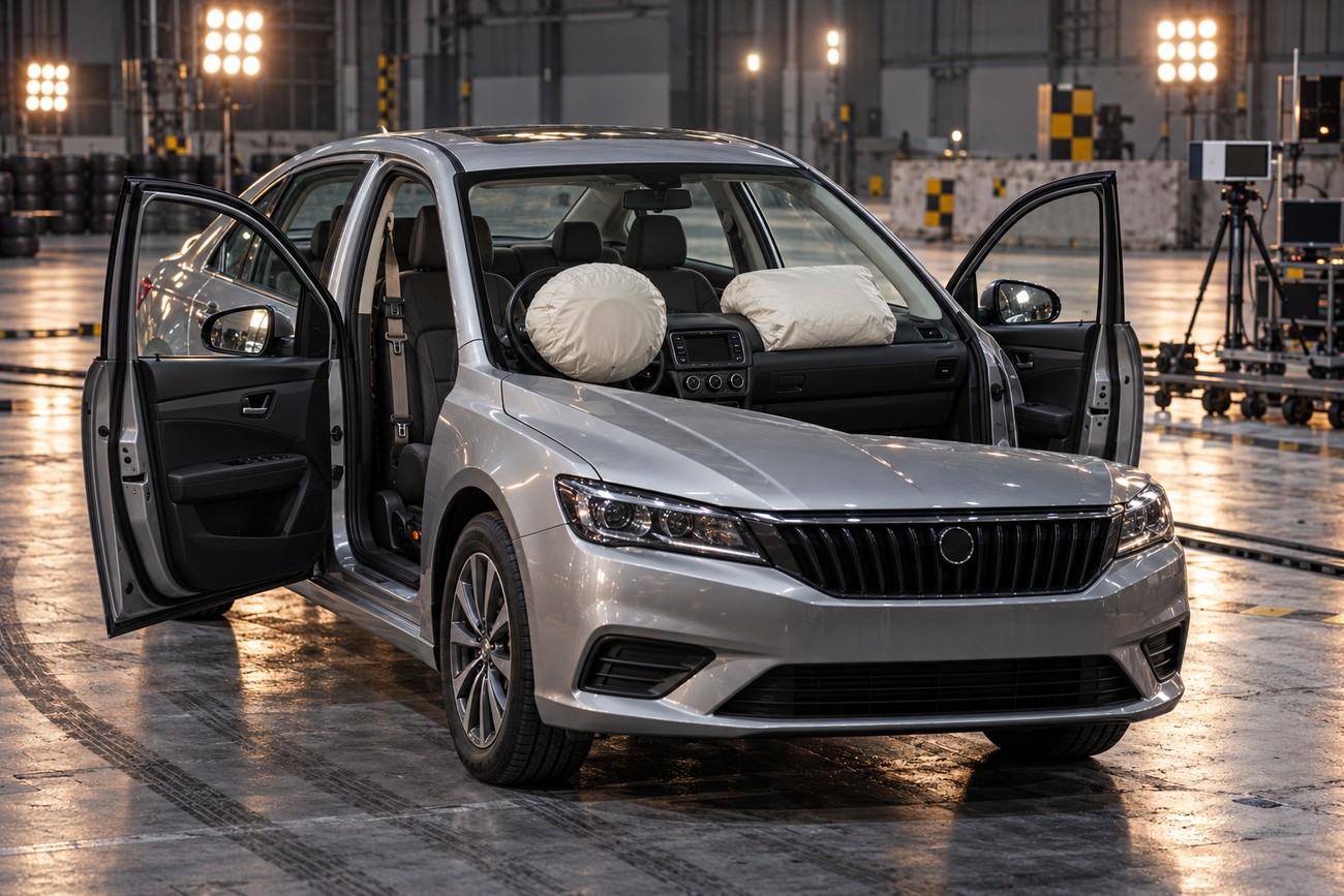Silver Brilliance BS6 sedan with deployed front airbags parked inside a crash test facility with open doors