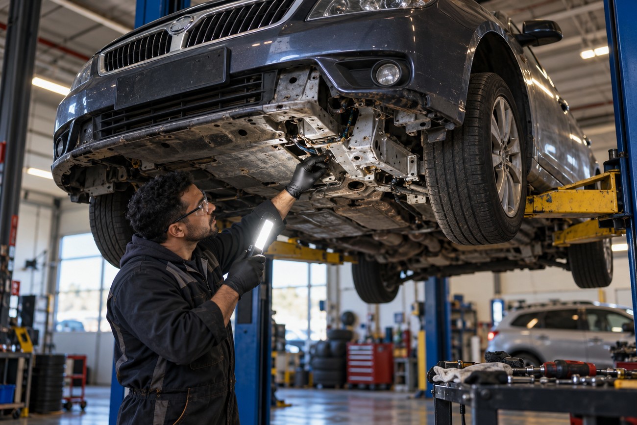 A mechanic wearing gloves and glasses uses a flashlight to inspect the undercarriage of a lifted Brilliance BS6 sedan in a garage