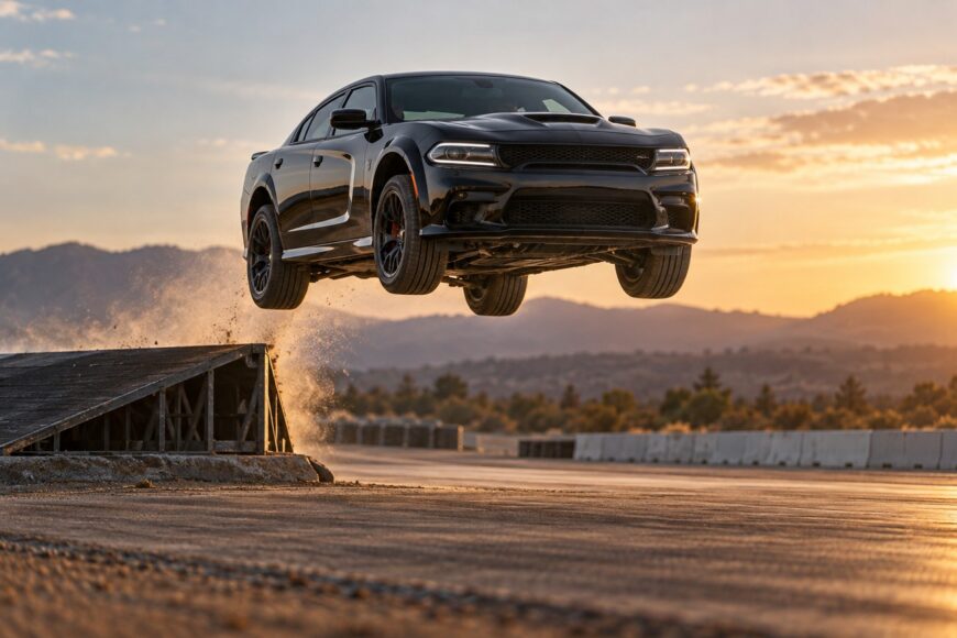A black Dodge Charger airborne after launching off a wooden ramp against a sunset sky