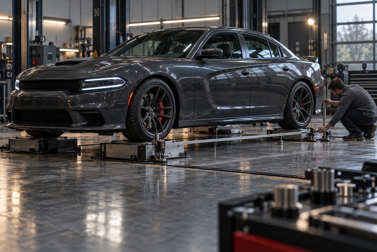 A dark gray Dodge Charger parked on alignment machines in a professional auto repair shop while a mechanic checks the equipment
