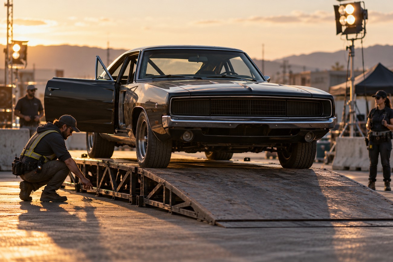 A black Dodge Charger parked on a metal ramp during movie stunt preparation with crew members nearby