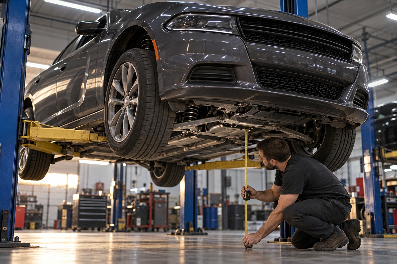 A mechanic crouches on the floor measuring the ground clearance of a gray Dodge Charger lifted on a hydraulic hoist in a repair shop
