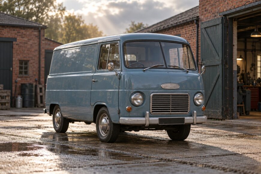 A vintage light blue Commer Karrier utility van parked outside a brick workshop in the sunlight